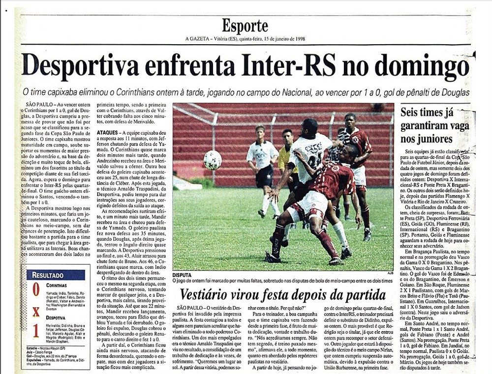 Em 1998, a Desportiva fazia a melhor campanha capixaba na Copa São Paulo