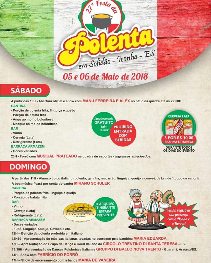 Festa em Iconha: Solidão sedia neste fim de semana a 27ª Festa da Polenta.