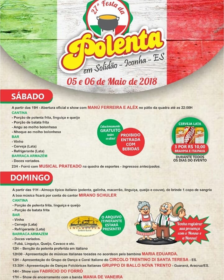 Festa em Iconha: Solidão sedia neste fim de semana a 27ª Festa da Polenta.