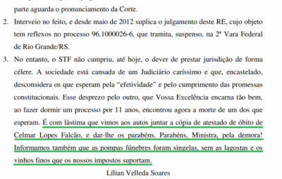 homem morre após esperar 11 anos por julgamento do STF 400x255 - "Parabéns, Ministra, pela demora": homem morre após esperar 11 anos por julgamento do STF