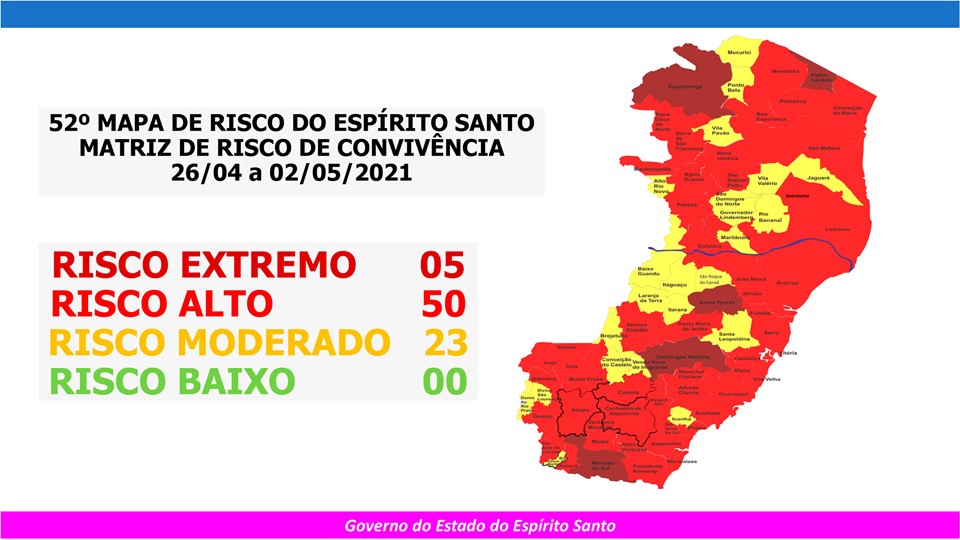 Governo do Espírito Santo divulga 52º Mapa de Risco Covid-19