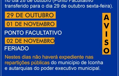 ponto facultativo 400x255 - Prefeitura de Iconha decreta ponto facultativo nos dias 29 de outubro e 01 de novembro