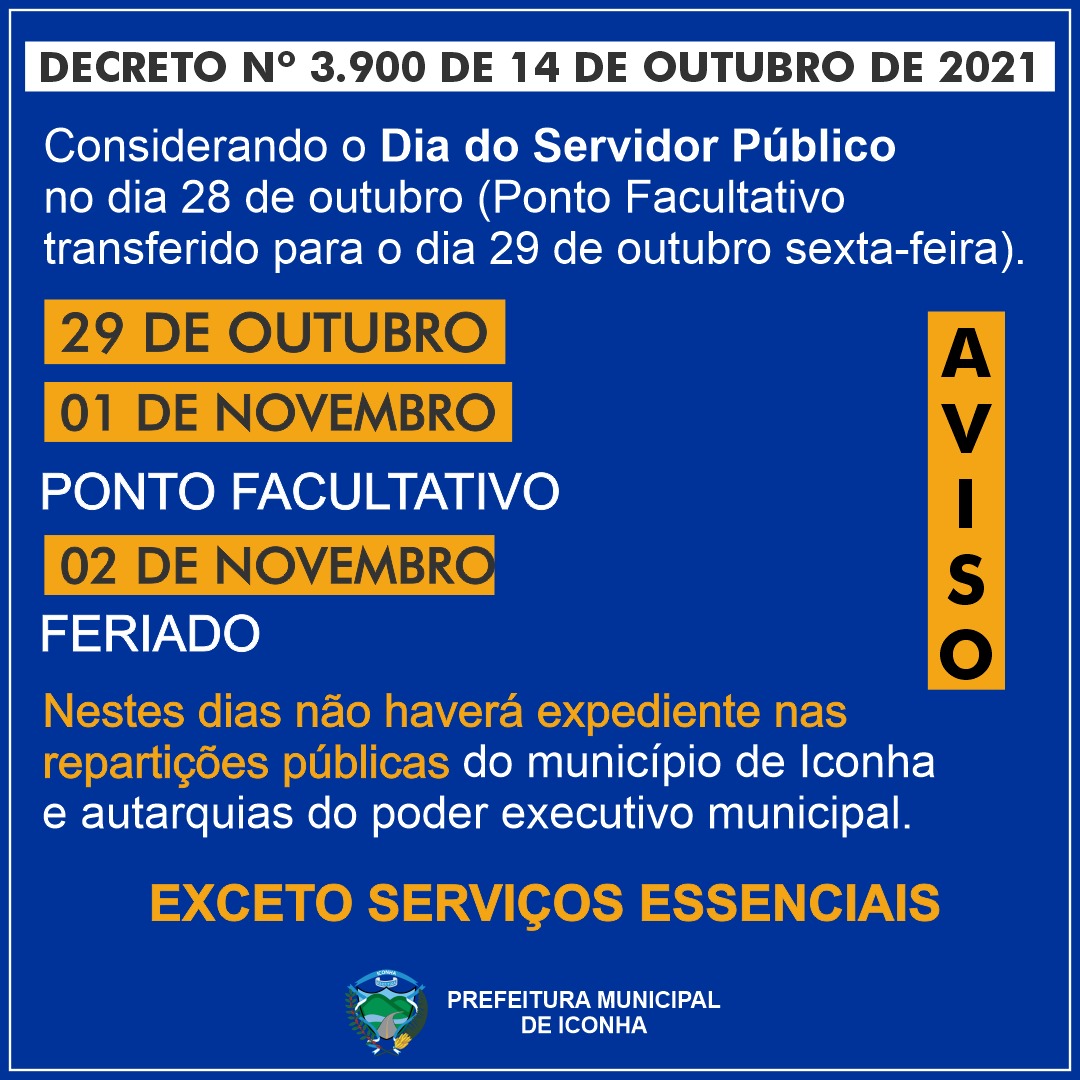 Prefeitura de Iconha decreta ponto facultativo nos dias 29 de outubro e 01 de novembro