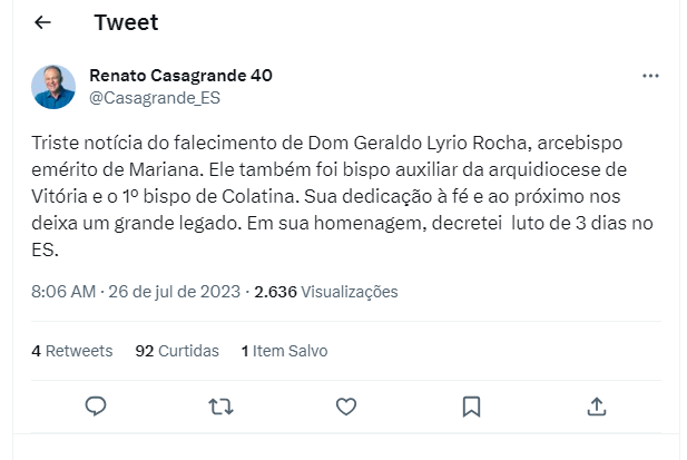 tuiter - Morre Dom Geraldo Lyrio Rocha, ex-presidente da CNBB, aos 81 anos