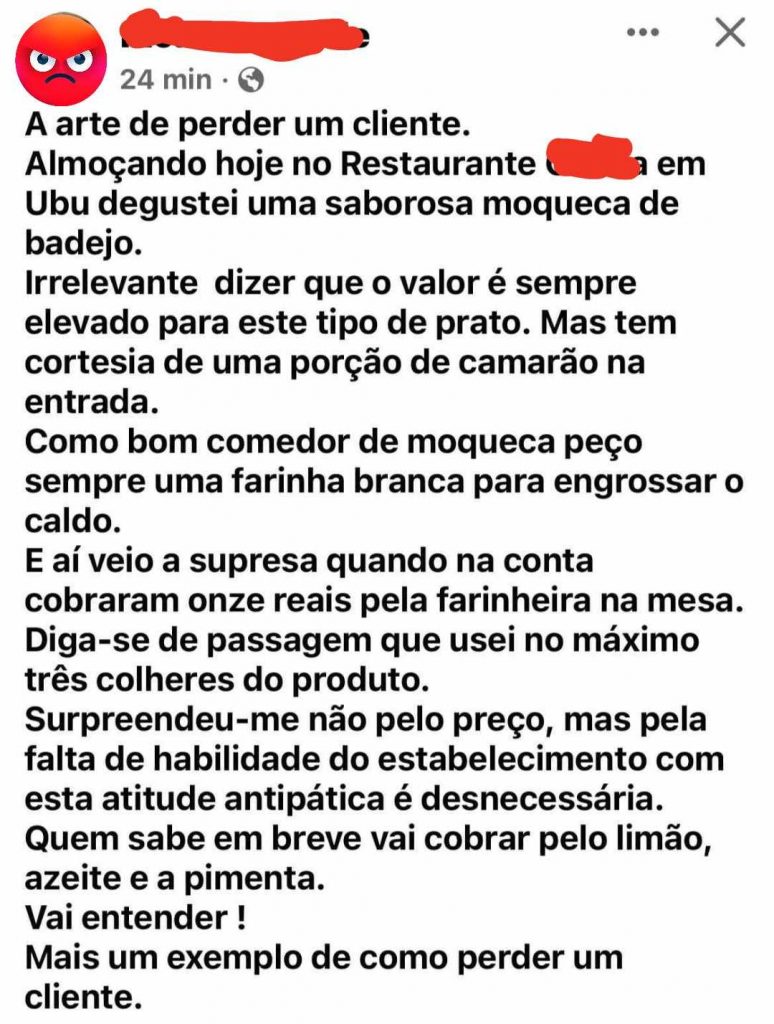 363898337 663814665347514 4182962582911867642 n 774x1024 - Farinha da discórdia, Restaurante cobra produto e empresário se revolta.