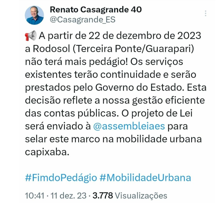 casa - Fim do pedágio na Rodovia do Sol, em Guarapari, e na Terceira Ponte