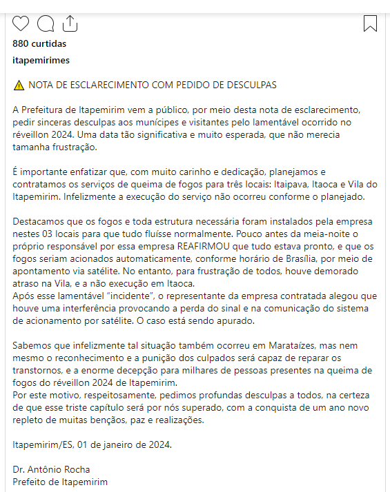 Praias com queima de fogos canceladas e atraso de ate 1 hora no Sul do Espirito Santo esclarecimento - Praias com queima de fogos canceladas e atraso de ate 1 hora no Sul do Espirito Santo