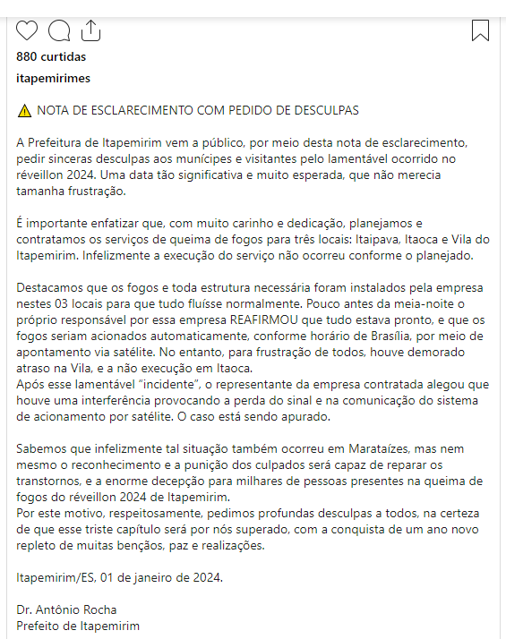 esclarecimento - Praias com queima de fogos canceladas e atraso de ate 1 hora no Sul do Espirito Santo