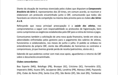 nota enviada pelos clubes da serie c para a cbf 400x255 - Clubes da Série C pedem novo socorro financeiro à CBF