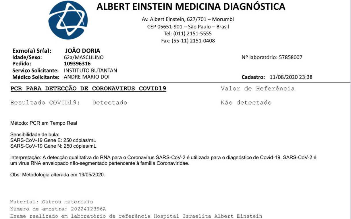 João Doria testa positivo para o novo coronavírus