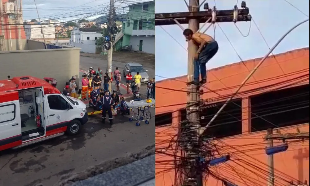 Homem sobe em poste, toma choque e cai no meio da rua em Guarapari
